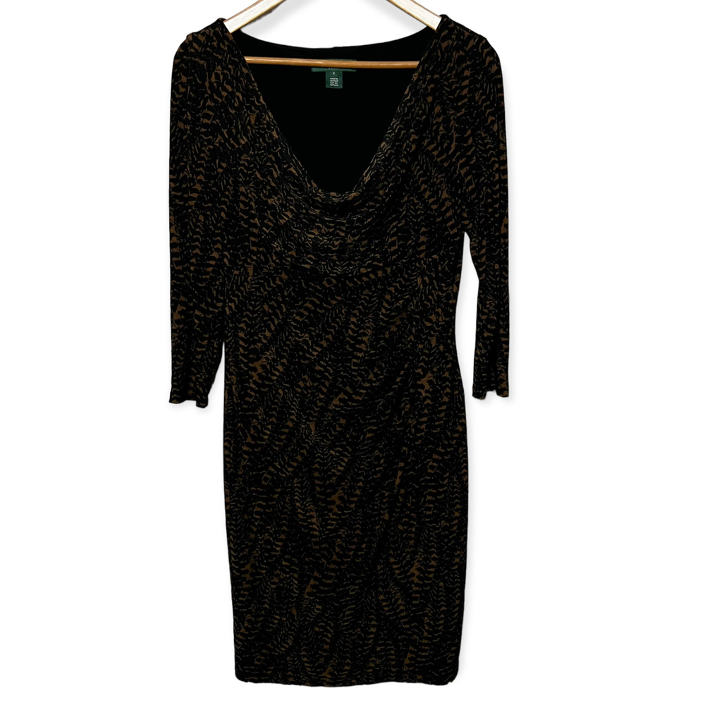 Lauren Ralph Lauren Women's Black & Brown Print Cowl Neck Ruched Side Dress Sz 8 - Picture 2 of 11